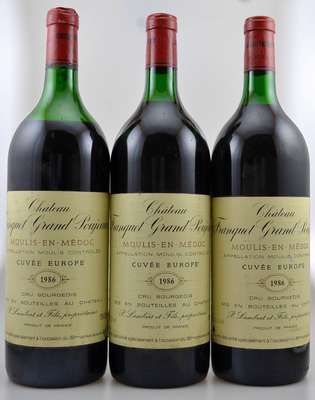3 Magnumflaschen 1986 Chateau Franquet Grand Poujeaux, Cru bourgeois, Cuvee Europe, Moulis, Haut-Medoc, je ca. 150 cl, Füllstände: mid shoulder bis ...