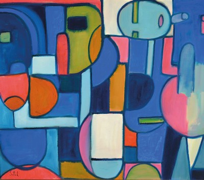 Lucien Sotto, zeitgenössischer italienischer Künstler, abstrakte Komposition, Öl/Holz, links unten signiert, ca. 70x80cm