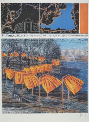 Christo, geb. 1935, The Gates Central Park New York, Farboffset von 2004, handsigniert, ca. 80x64cm, Pp, u.Gl., R. 114x82cm, Auflage 1000 Stück
