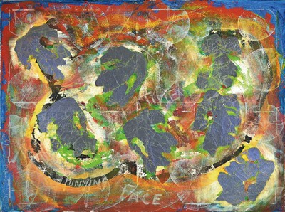 Zimcon, geb. 1938 Hannover, Meisterschüler von A.R. Penck, "running face", Acryl und silbrige Folie auf Leinwand, signiert und bezeichnet, ...
