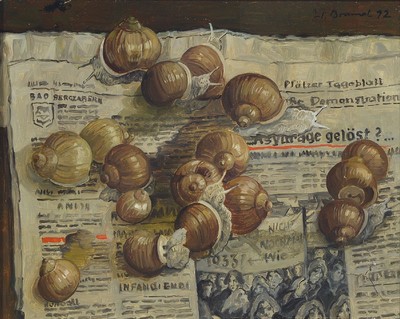 Werner Brand, geb. 1933 Löbau, Stillleben mit Weinbergschnecken auf einer Zeitung, Öl/ Hartfaser, rechts oben signiert, ca. 24x30cm, 32x38cm, R.