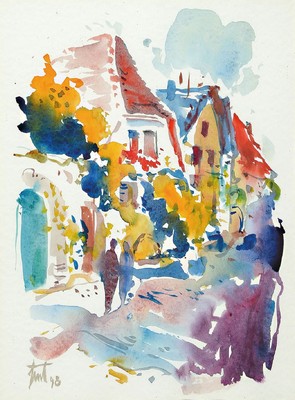 Georg Günther Zeuner, 1923 Dresden - 2011 Dresden, Aquarell, Pfälzer Dorf mit Personen, signiert und dat. 98, unter Glas, Rahmen, PP, 39 x 28 cm/57 ...