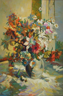 Zuschreibung: Leonard Richmond, 1889-1965, Stillleben mit buntem großem Frühlingsstrauss,expressionistische/impressionistische Sicht mit Betonung ...