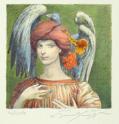 Ernst Fuchs, 1930-2015 Wien, Papageno, Farbradierung, handsigniert und bez.: Farbprobe, ca. 17x17cm, u.Gl., R.
