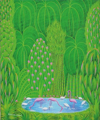 Felxi Rosemond, geb. 1962 Port au Prince, Haiti, Urwaldszene mit Flamingos, Öl/Lwd, signiert, ca. 62x51.5cm