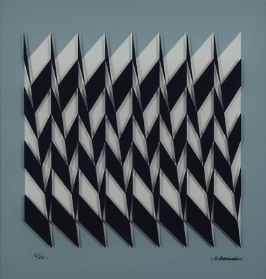 Marcello Morandini, geb. 1940 Mantua, abstrakte 3-D Komposition, handsigniert, num. 16/25, von 2017, zwischen zwei geschichteten Plexiglasplatten ...
