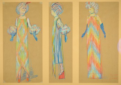 Johannes Grützke, 1937-2017, drei Pastelle auf Papier, Bühnenbildentwürfe für Peter Zadek, rechts unten signiert und dat. 1987, ca. 68x98cm, PP, ...
