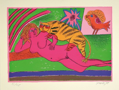 Corneille, 1922-2010, Tigres amoureux, troisieme Serie, Paris 1987, Ed. Moderne- Silkeborg, Mappe mit vier Farblithographien, alle handsigniert, num. ...