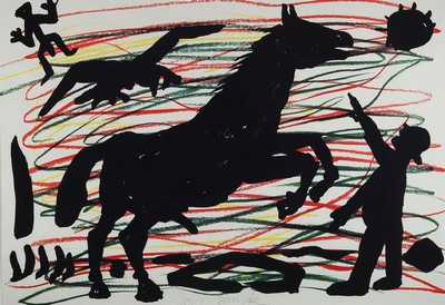 A.R. Penck, geb. 1939 Dresden - 2017 Zürich,Tanzendes Pferd, Offsetgrafik, handsigniert, ca. 58 x 83 cm, PP., unter Glas, Rahmen 77 x 101 cm