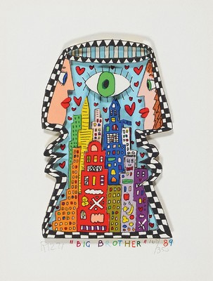 James Rizzi, 1950-2011, 3-D-Lithographie, Big Brother, num. 167/350, handsigniert, dat. 89, ca. 18x 13cm/35.5 x 81 cm, unter Glas, PP,Rahmen mit ...