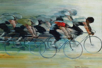 Roland Johnson, geb. 1958, in Stockport, ansässiger Künstler, "Massed Start", Öl/Holz, re. u. signiert, ca. 33 x 50cm, Rahmen, leichte ...