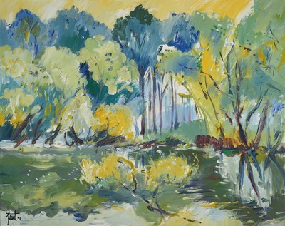 Georg Günther Zeuner, 1923 Dresden-2011 Speyer, Studium an der Akademie Dresden, hier: Altrhein bei Otterstadt, Acryl/Lwd, links unten signiert und ...