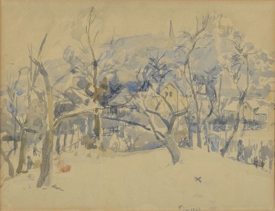 Franz Frank, 1897/99-1986, Blick auf Schloß Marburg, Aquarell auf Papier, rechts unten monogrammiert F und dat. Jan. 1938, ca. 30x38cm, PP, u.Gl., ...