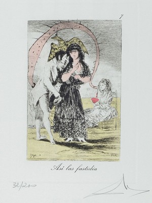 Salvador Dalí, 1904-1989, Kaltnadelradierung auf Heliogravure mit Pochoir aus der Serie Les Caprices de Goya de Dali, Asi las fastidia, Blatt 7, ...