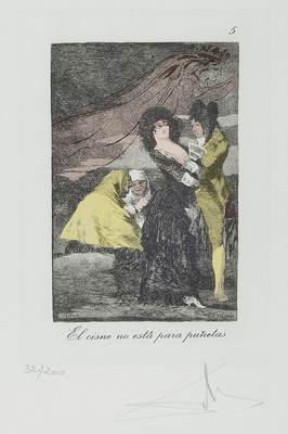 Salvador Dalí, 1904-1989, Kaltnadelradierung auf Heliogravure mit Pochoir aus der Serie Les Caprices de Goya de Dali, Blatt 5, El cisne no esta para ...