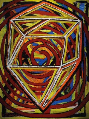 H. Zimcon,"räumlich 3 D", Acryl/Lwd, abstr. Komposition, verso signiert und bez. Eigentum des Künstlers unverkäuflich, An Astrid ...