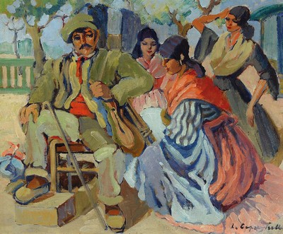Lucienne Caodevielle, 1885-1961, Familie unter Bäumen, Öl/Lwd, rechts unten signiert, ca. 56x55cm, R. 60x70cm