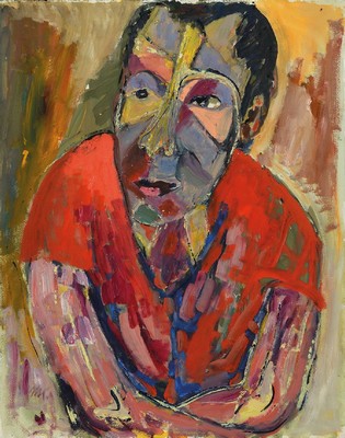 Marlise Klock 1874 Lübz-1974 Altenbach , Figur im rotem Hemd , Gouache auf Papier, verso betitelt, monogr., Blattgr. 74x60 cm, unter Glas gerahmt, ...