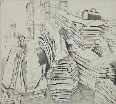 Karl Hubbuch, 1891-1979, Sicher wird er ihn finden, Radierung von 1924, posthumer Abzug, Nachlass-Prägestempel links unten, ca. 24x 26.5cm