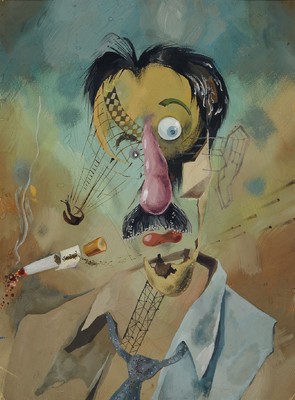 Unbekannter zeitgenössischer Künstler, wohl Usbekistan, Surrealistisches Porträt, Gouache auf Papier, ca. 47x35cm, PP