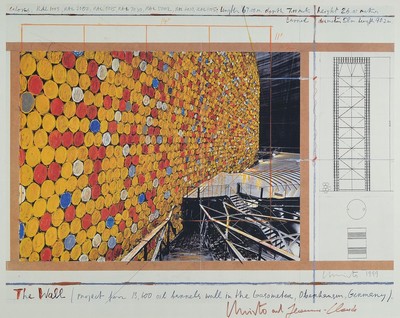 Christo und Jeanne-Claude, oil barrels wall in the Gasometer Oberhausen 1999, Farboffset, von beiden handsigniert, ca. 49x59 cm, u.Gl., R.