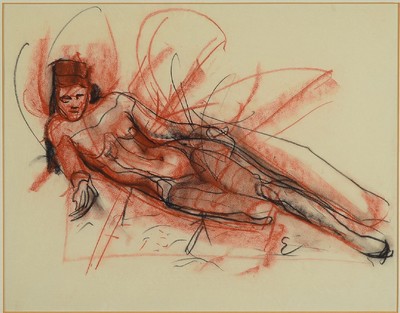 Reinhold Ewald, 1890-1974 Hanau, liegender weiblicher Akt, Kohle und Rötel, rechts unten monogrammiert, ca. 29x36cm