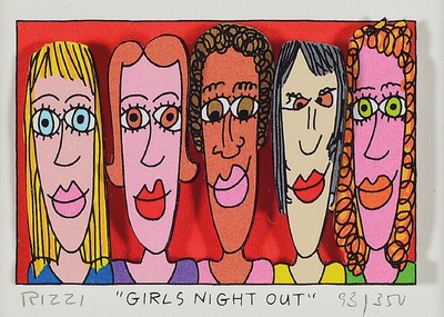 James Rizzi, 1950-2011, Girls Night out, 3D-Lithografie, handsign., num. 93/350, Motiv 5,5x7,5 cm , unter Glas gerahmt, gesamt 21,5x25,5 cm