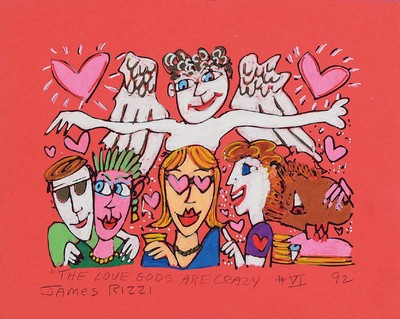 James Rizzi, 1950-2011, The Love gods are crazy, Unikat, handsign., dat. 92, Motiv 19x23 cm , unter Glas gerahmt, gesamt 32x38 cm