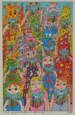 James Rizzi, 1950-2011, The Adventure of Reading, Lithografie, Handsign., dat. 1999, Blatt ca. 22x14 cm