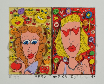 James Rizzi, 1950-2011 , 3D-Lithografie, Fruit and Candy, handsign., dat. 97, num. 342/350, gesamt 18x20 cm