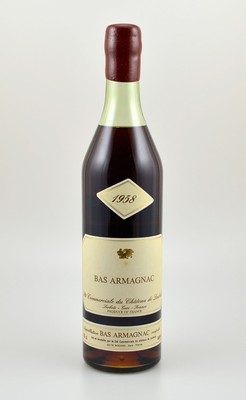 1 Flasche 1958 BAS-Armagnac, Ste Commerciale du Chateau de Laubade, ca. 70 cl, 40 % Vol., Abstand zwischen Kapselwachs und Armagnac: ca. 4 cm, ...