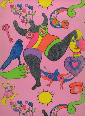 Niki de Saint-Phalle, 1930-2002, Die große Nana, Farbserigraphie auf Tapetenstück, Blattgr. 71,5x52,5 cm, PP