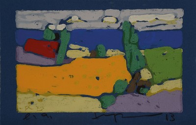Klaus Fußmann, geb. 1938, Haus-Weizen- Ostsee, Farblinolschnitt auf blauem Papier, bez. e.a., signiert und dat. 13, ca. 9x14cm, rückseitig betitelt