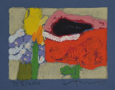 Klaus Fußmann, geb. 1938, Mohn, Tulpe, Vergißmeinnicht, Farblinolschnitt auf blauem Papier, handsigniert, num. 158/200, ca.9x12cm