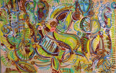 Leon Löwentraut, geb. 1998 Kaiserslautern, Carribean Flair, 12-Farben Pigmentdruck auf Lwd, auf Keilrahmen, von Hand übermalt, was der Arbeit ...