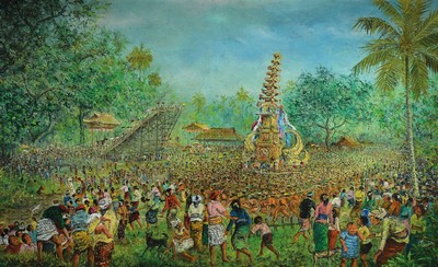 zeitgenössischer indonesischer Künstler, vielfigurige Szene eines Volksfestes, Öl/Lwd, rechts unten signiert und datiert 1996, ca. 87x140cm, R.