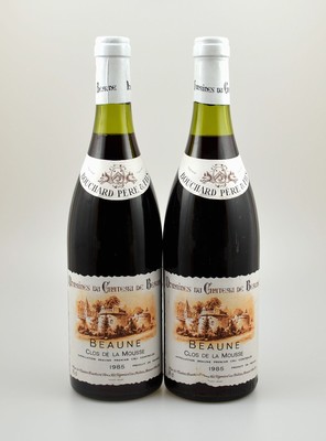 2 Flaschen 1985 Bouchard Pere & Fils Beaune Clos de La Mousse, Premier Cru, je ca. 75 cl, Abstand zwischen Kapsel und Wein: ca. 2,5 cm, gute ...