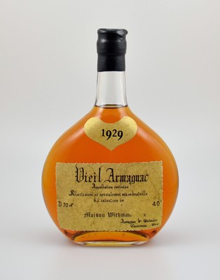 1 Flasche 1929 Vieil Armagnac, Goudoulin, ca. 70 cl, 40 % Vol., Abstand zwischen Kapselwachs und Armagnac: ca. 3 cm, guter Erhaltungszustand, ...