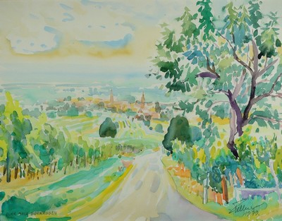 Ludwig Fellner, 1917 Weißenburg-2006 Neustadt/Wstr., Blick nach Edenkoben, Aquarell von 1979, signiert, betitelt und dat., ca. 53x69cmPP, u.Gl., R. ...