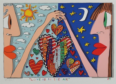 James Rizzi, 1950-2011 New York, Love is in the air, Lithographie von 1989, handsigniert, Passepartout, unter Glas gerahmt, Blattgrösse ca. 40x30cm/ ...