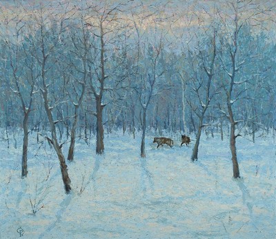 Sergej Roschtschin, geb. 1954 Moskau, Der Winterwald, Öl/Lwd, monogrammiert, rückseitig betitelt und signiert, ca. 75x85cm, R.