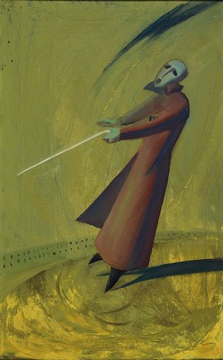 Michail Borisow, geb. 1959 Moskau, Der Flug, Öl/Lwd/Holz, 1989 nach dem Buch Kamera Obskura von Boris Nabokov, ca. 80x50cm, R.