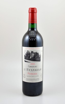 1 Flasche 2000er Chateau L'Evangile, Pomerol, ca. 75 cl, 13,5 % Vol., Füllstand: ca. into neck, sehr guter Erhaltungszustand, unverkostet, 98 ...