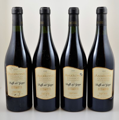 4 Flaschen 2003 Faccioli Enzo Baffo del Grippi Amarone Classico Della Valpolicella, je ca. 75 cl, 16 % Vol., Abstand zwischen Kapsel und Wein: ca. 2 ...