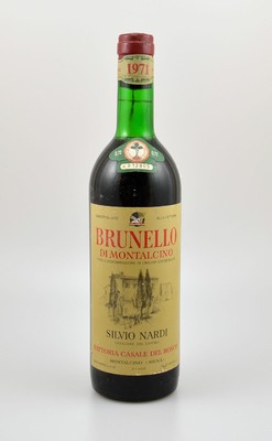 1 Flasche 1971 Brunello di Montalcino Silvio Nardi, ca. 72 cl, 12,5 % Vol., Füllstand: ca. top shoulder, guter Erhaltungszustand, unverkostet