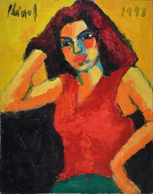 Gernot Kissel, 1939-2008 , Porträt einer Frau, Öl/grobe Lwd, links oben sign., dat. 1993, ca. 93x74 cm