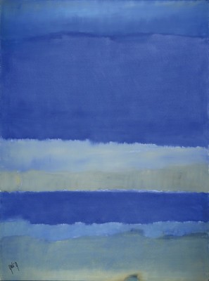 Gaston Gale, zeitgenössischer belgischer Künstler, abstrakte Komposition in Blautönen, Acryl/Lwd, ca. 104x78 cm, Leisten