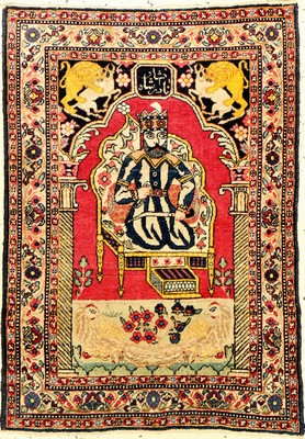 Kerman "Lavar" Bildteppich antik (Nader Schah Afshar), Südpersien, um 1900, Wolle geknüpft auf Baumwolle. Darstellung des persischen ...