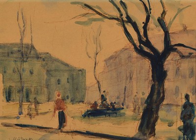 Samuel Mützner, 1884 Bukarest - 1959, Aquarell/Papier, Stadtansicht mit Personen, signiert, 21 x 30 cm, unter Glas, Rahmen