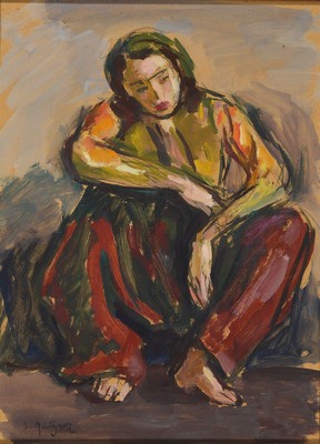 Samuel Mützner, 1884 Bukarest - 1959, hockende Frau, Öl/Papier, signiert, ca. 36 x 26 cm, unter Glas, Rahmen 41 x 31 cm
